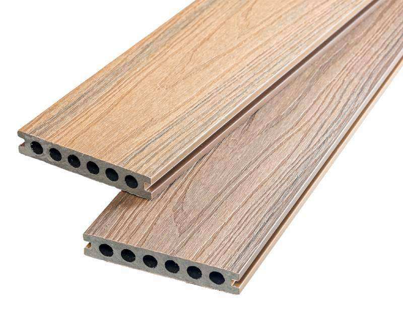 Teak Wood Grain Capped Composite Decking Boards In Dual Colour Finish
