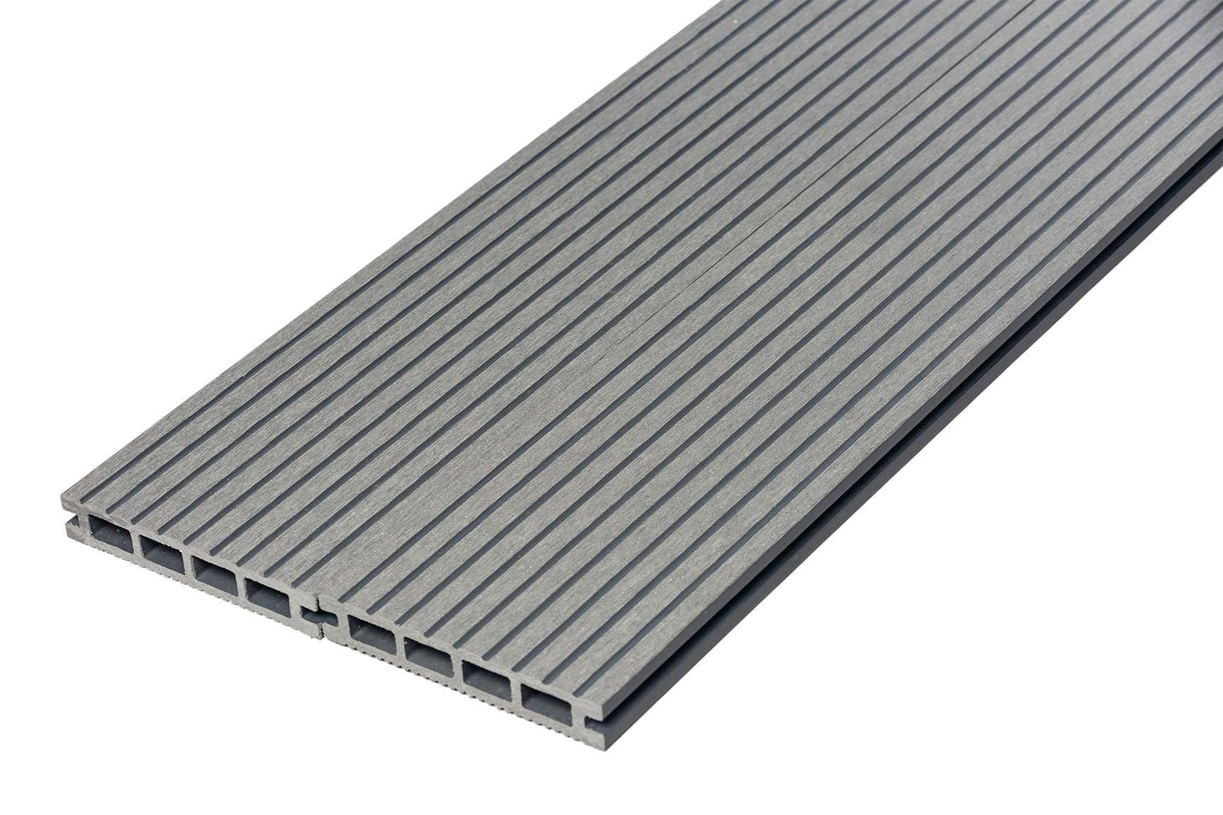 Slate Grey Grooved Decking Boards Side By Side In Thick Grooved Finish With 4 Square Hollow Core