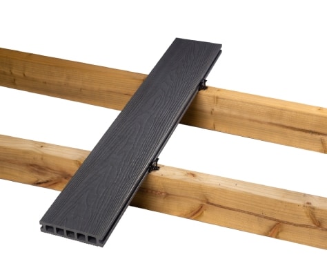 Installing A Wood Grain Anthracite Grey Decking Board With Fixing Clips On Timber Joists