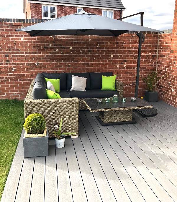Sanded Anthracite Grey Composite Decking Board With Garden Rattan Corner Seat And Umbrella
