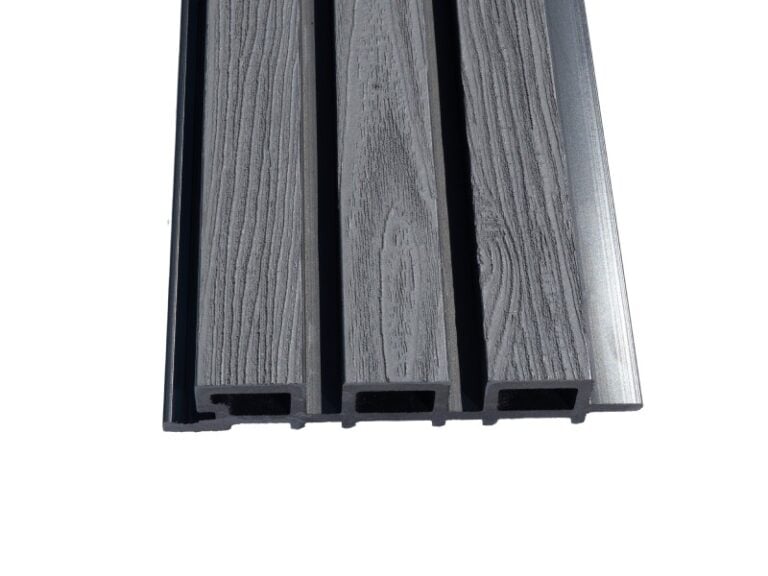 Dark Grey Slatted Composite Cladding With Unique Wood Grain | Straight On Singe Board View