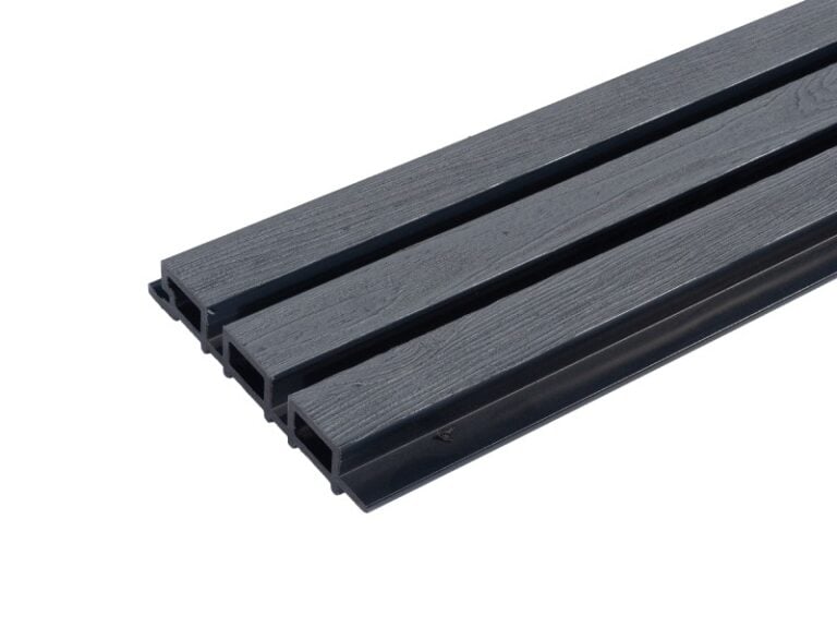 Dark Grey Slatted Composite Cladding With Unique Wood Grain | Right Side On Singe Board View