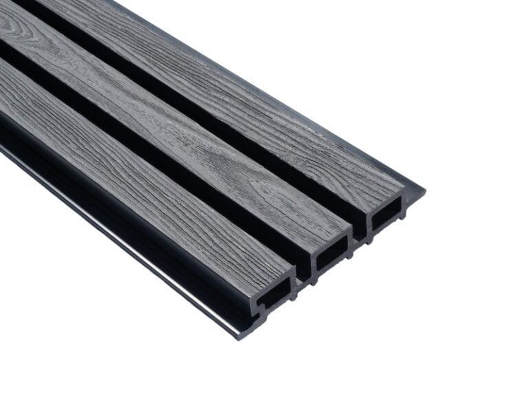 Dark Grey Slatted Composite Cladding With Unique Wood Grain | Left Side On Single Board View