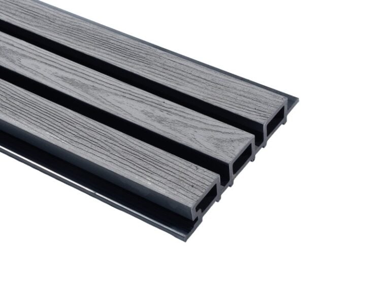 Grey Slatted Composite Cladding With Unique Wood Grain | Left Side Single Board View