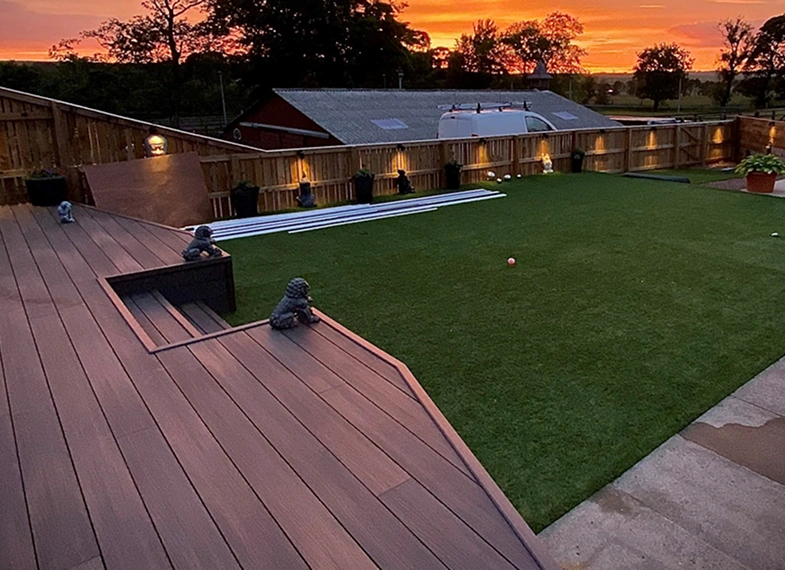 a view of a decking on a sun down