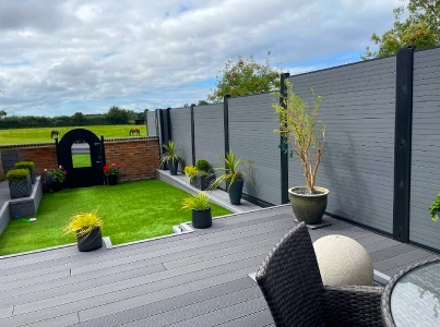 Grey Fencing With Aluminium Posts And Grey Decking