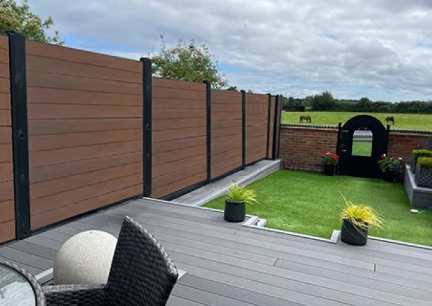 Chocolate Composite Fence Panels With Grey Decking & Black Posts
