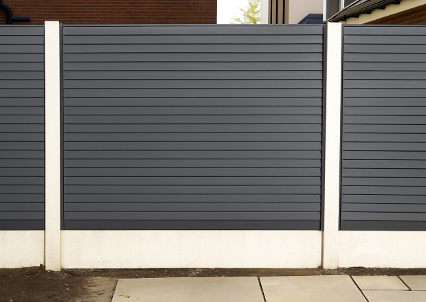Slatted Fence Panels With White Posts In Anthracite Grey