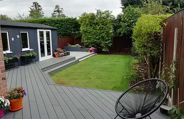 Ash Grey Composite Decking With Green Lawn, Chair & Garden Rooms