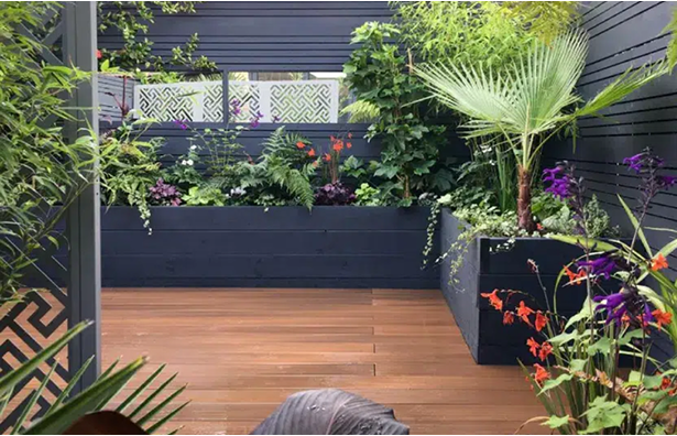 Black Raised Planters With Tropical Plants & Teak Mixed Colours Boards