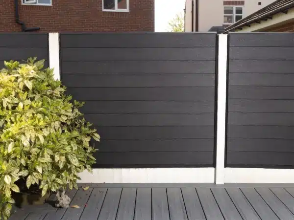 Wood Grain Composite Fence Panels In Dark Grey With Decking